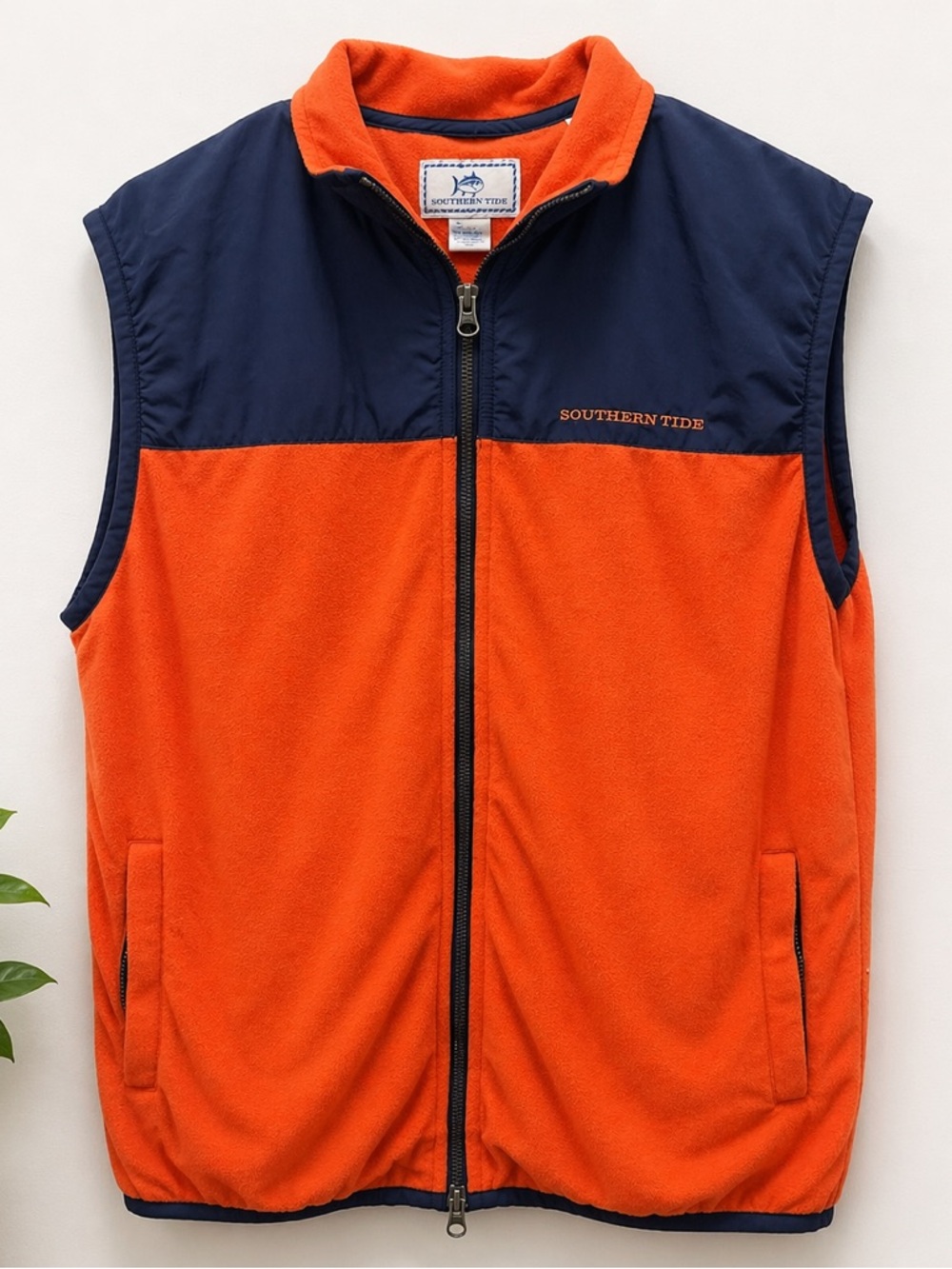 Southern Tide Orange and Navy Colorblock Fleece Vest - Zip Front